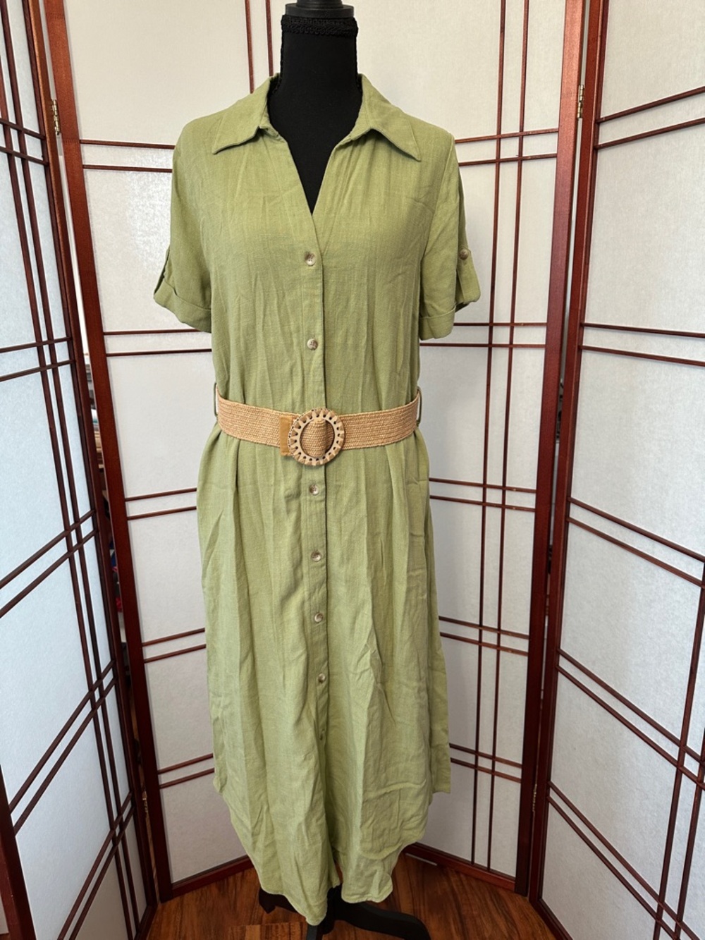 Blu Pepper Olive Green Button-Up Shirt Dress